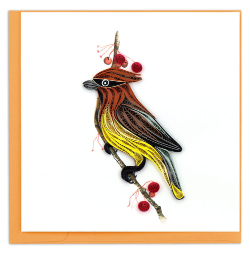 Blank greeting card of a quilled brown, gray and yellow bird placed on a red berry covered branch