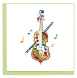 Blank greeting card featuring a quilled cello in rainbow colors with musical notes