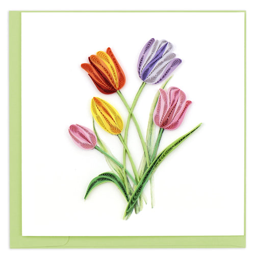 Blank Quilled card of five colorful tulip bulbs