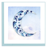 Blank quilled card of a blue crescent moon on a printed stars and clouds background