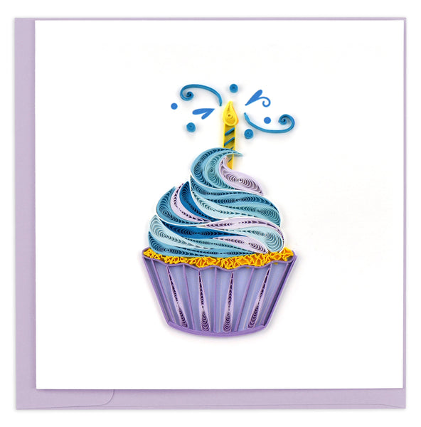 Blank Quilled Birthday card of a blue and purple frosted cupcake.