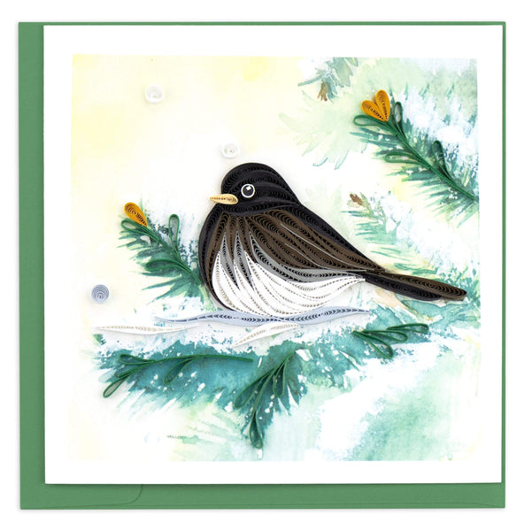 Blank quilled card of a black, brown and white bird perched on a snowy branch.