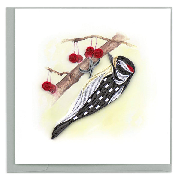 Blank greeting card featuring a quilled design of a Downy Woodpecker