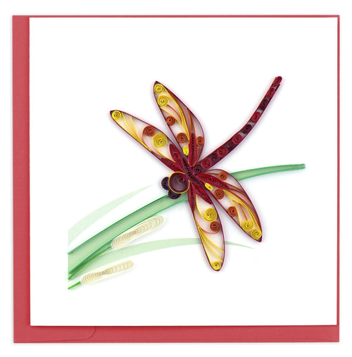 Blank greeting card featuring a quilled design of a dragonfly