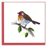 Blank quilled greeting card featuring an English robin perched on a leafy branch