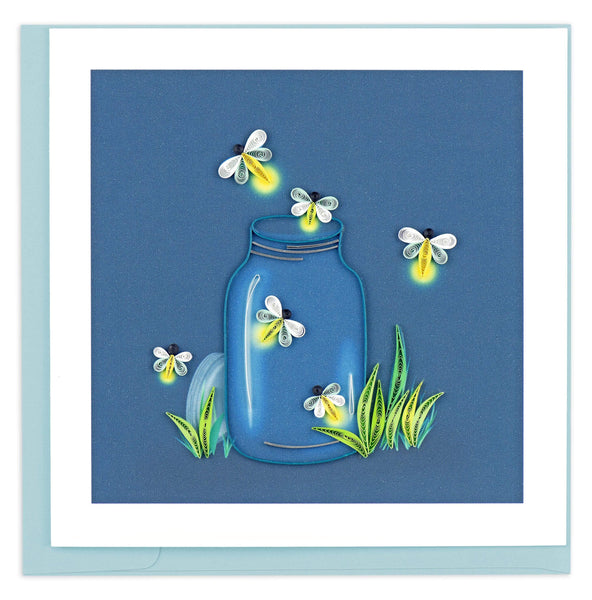 Blank greeting card of a quilled jar in a patch of grass with fireflies inside and around the jar