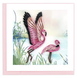 Blank greeting card featuring a quilled design of two flamingos