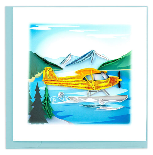 Blank greeting card of a yellow float plane landing on arctic lake