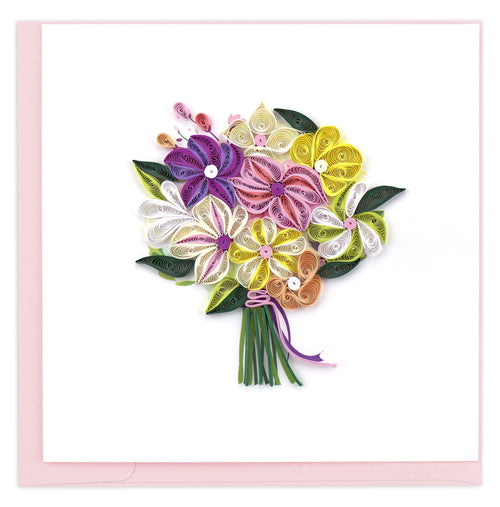 Blank Quilled greeting card of a flower bouquet with purple, pink, yellow and white flowers.
