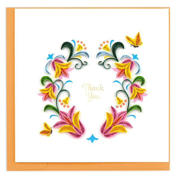 Thank you card featuring a quilled floral wreath design