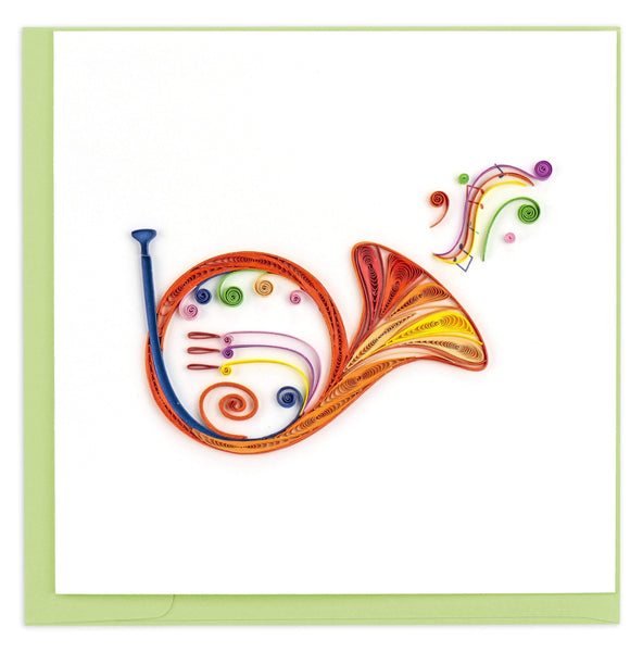Blank quilled greeting card of a rainbow French horn