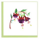 Blank greeting card of three purple and red flower bulbs on a curved green leafy stem