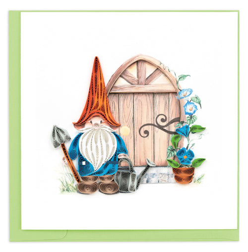 Blank greeting card of a gnome next to a decorative door
