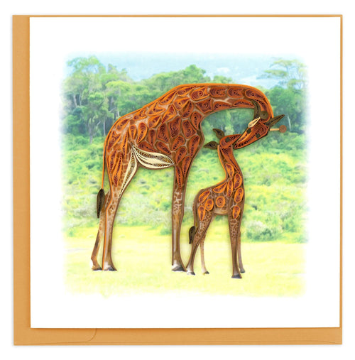 An orange parent giraffe nurturing its baby in front of the plains..