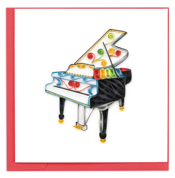 Blank quilled greeting card of a rainbow grand piano