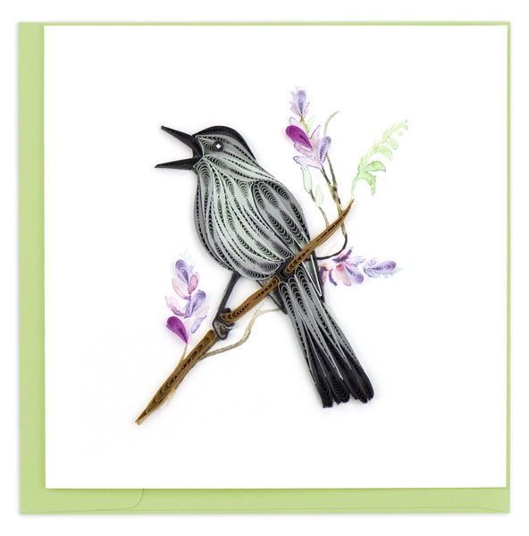 Blank Quilled Card of a Gray Catbird calling from a flowery tree branch