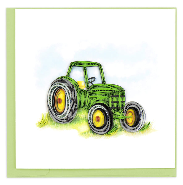 Green tractor on watercolor background of green grass and blue sky