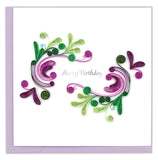 Purple and green swirls with text that reads Happy Birthday in the center of the design.