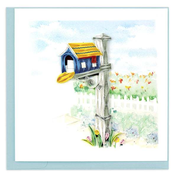 Blank quilled card of a colorful mailbox