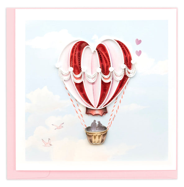 hot air balloon, sky, clouds, hearts, love birds