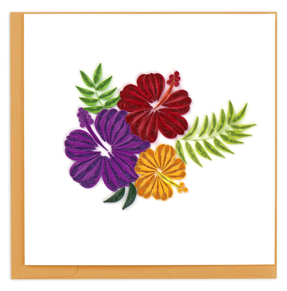 Blank greeting card featuring a quilled design of three hibiscus flowers