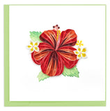 red floral hibiscus, small white flowers, green leaves,