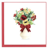 blank quilled greeting card of a vase with cream, red and green flowers, berries and leaves