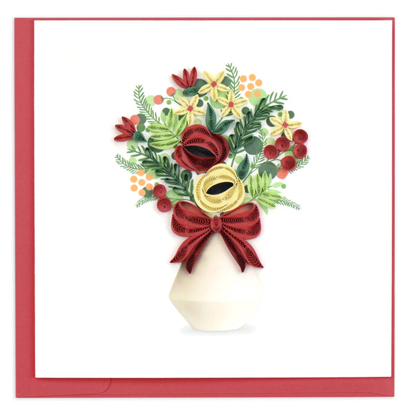 blank quilled greeting card of a vase with cream, red and green flowers, berries and leaves