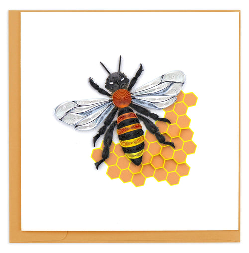 blank greeting card featuring a quilled yellow, black and orange honey bee on a honey comb