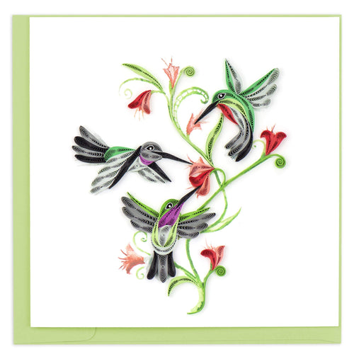 Quilled blank greeting card of three hummingbirds fluttering around a swirling green vine and red flower bulbs
