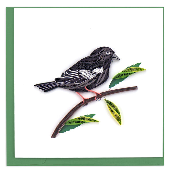 Greeting card featuring a quilled design of a lark bunting bird sitting on a branch