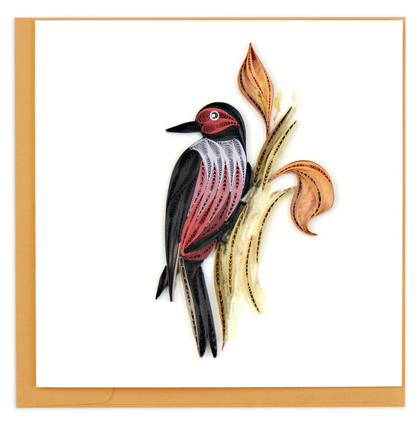 Blank Quilled card of a woodpecker perched on a tree trunk