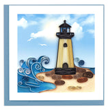 A strong wooden lighthouse next to crashing blue waves.