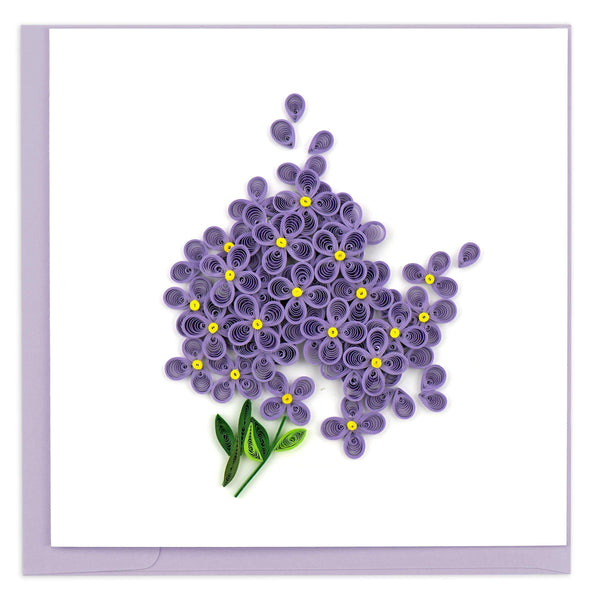 Blank greeting card featuring a quilled design of lilacs