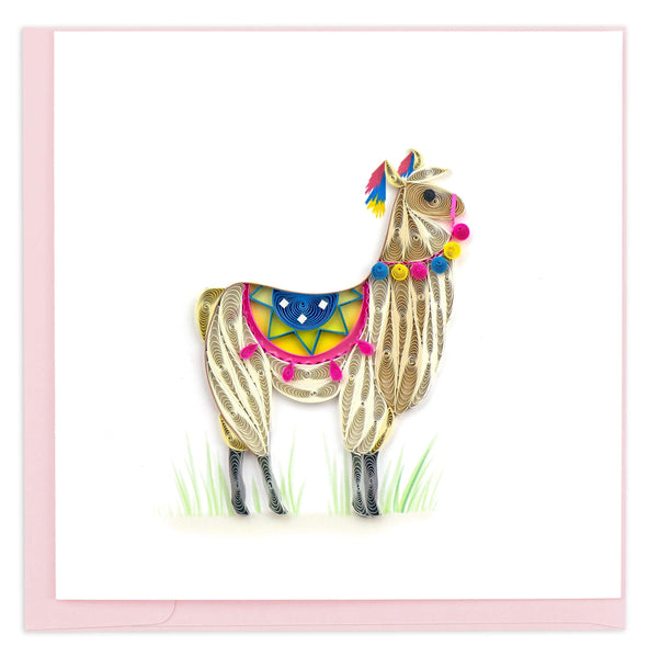 Greeting card of a quilled Llama with a  neon pink and blue decorative saddle 