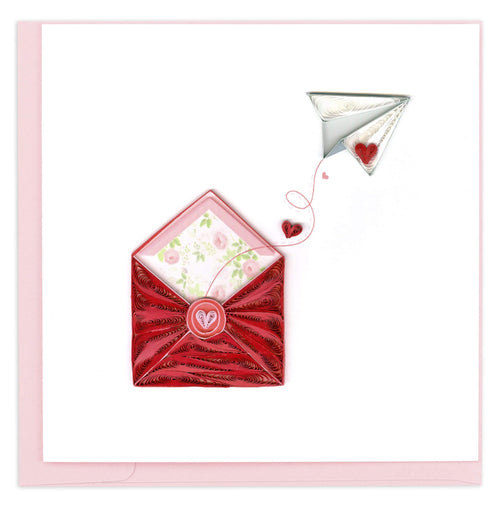 Greeting card featuring a quilled design of a paper airplane flying out of a red envelope