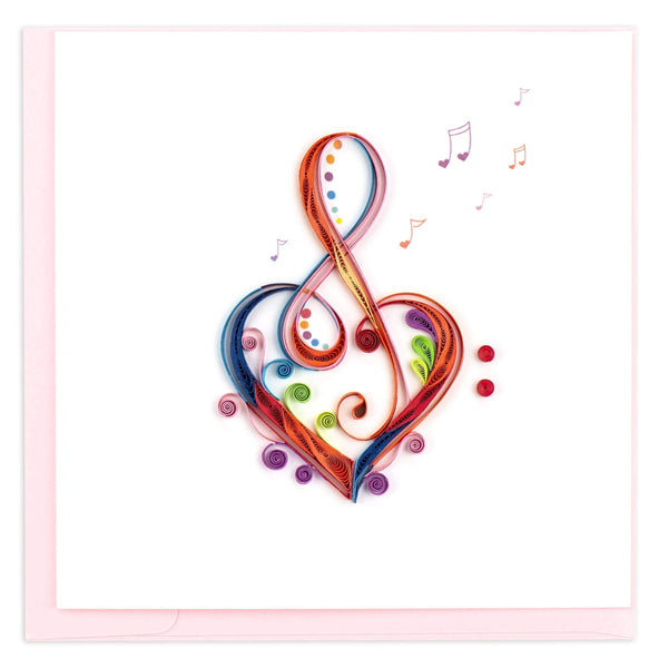 Blank greeting card of a Quilled heart treble clef in rainbow colors