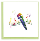Blank greeting card featuring a quilled rainbow microphone and musical notes