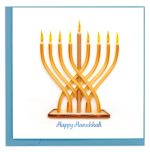 gold menorah, candles, lights, Happy Hanukkah script