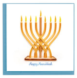 gold menorah, candles, lights, Happy Hanukkah script