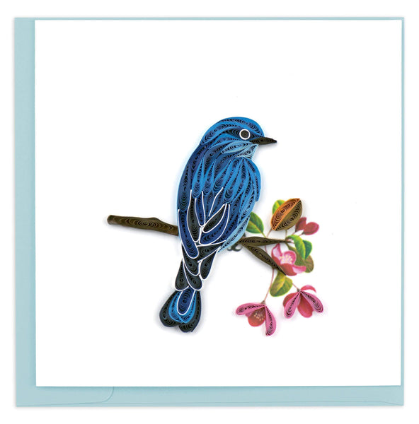 Greeting card featuring a quilled design of a bluebird sitting on a branch with pink flowers.