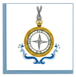 Blank greeting card of quilled nautical compass with blue wave details