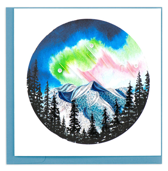Blank quilled greeting card featuring blue, green and pink aurora above snow covered mountaintop