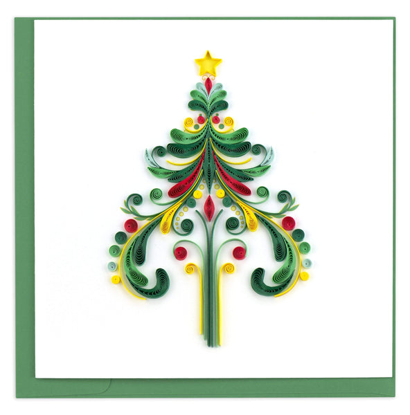 Blank Quilled greeting card with an abstract Christmas tree with red, green and yellow details.