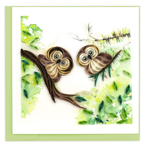 Blank Quilled card of two owlet babies in the trees.
