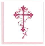 Quilled Pink Cross & Rosary Religious Card