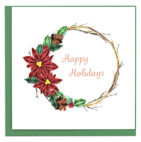 Quilled Holiday card of a wreath with Poinsettia flowers