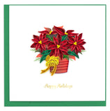 potted poinsettia, green leaves, red, gold bow