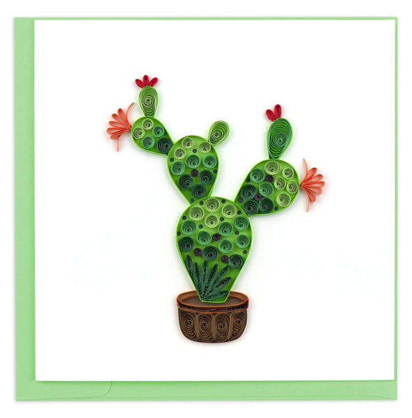Blank quilled card of a potted green cactus with budding red flowers