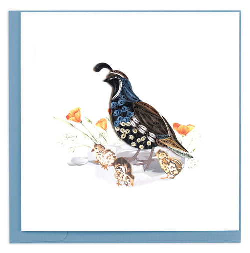 Greeting card featuring a quilled design of a quail with chicks and poppies